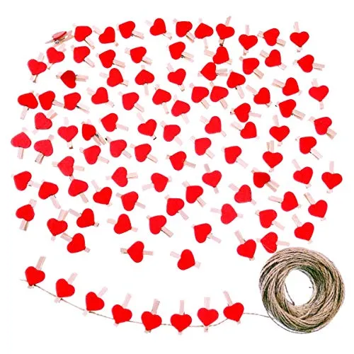 JZK 100x rotes Herz Mini Wäscheklammer aus Holz 3cm + 30m Juteschnur für Hochzeit Party Fotohalter Kartendekoration DIY Dekoration
