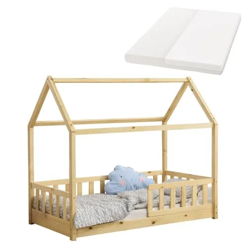 Juskys Kinderbett Marli 80x160 cm - Betten für Kinder von 3-10 Jahren mit Rausfallschutz und inklusive Matratze, ideal für sicheren Schlaf und Komfort.