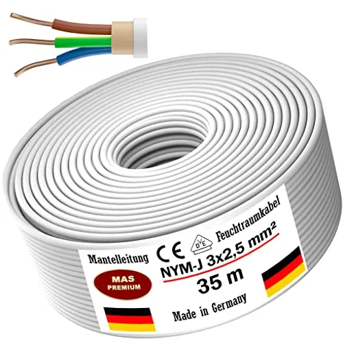MAS Premium Feuchtraumkabel Stromkabel 5-200m Mantelleitung NYM-J 3x1, 5 2,5 4 6 10 oder 5x1,5 2,5 4 6 10 16 Elektrokabel für feste Verlegung (NYM-J 3x2, 5 mm², 35m)