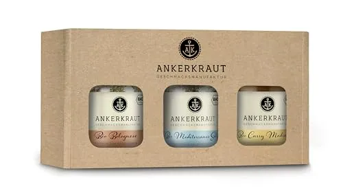 Ankerkraut Gewürz Bio Trio Gewürz-Box - Kräuter-Set mit BIO-Siegel für bewussten Genuss: 3 aromatische Gewürzmischungen für Pasta, Reis und mehr, ideal für kreative Kochmomente.