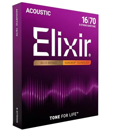 Elixir® Saiten 80/20 Bronze 8-saiter Akustik-Gitarrensaiten - Akustikgitarren-Saiten mit NANOWEB® Beschichtung für klaren Ton und langlebigen Klang. Ideal für Bariton-Gitarren (.016-.070) und schützt vor Korrosion.