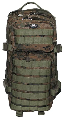US Rucksack Assault I - Digital Woodland, 30L - Robuster Rucksack für Outdoor-Aktivitäten mit verstellbaren, gepolsterten Tragegurten und integriertem Hydropack-Fach. Ideal für Abenteuer und Reisen.