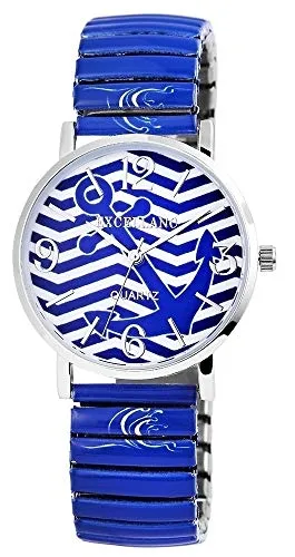 Excellanc Quarzuhr Selin, Damenuhr Edelstahl mit Ankerdesign - Elegante Damenarmbanduhr aus Edelstahl mit blau-weiß gestreiftem Zifferblatt und Ankerverzierung. Ideal für Sommerlooks und maritime Abenteuer.