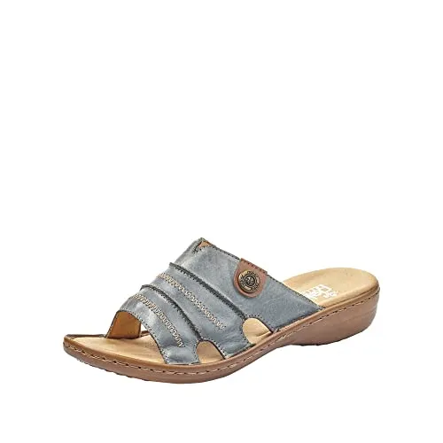 Rieker Damen 60876 Pantoletten, Blau (whitedenim/nuss/12), 36 EU - Pantoletten für Damen mit weicher, gepolsterter Innensohle für höchsten Komfort, ideal für warme Tage.