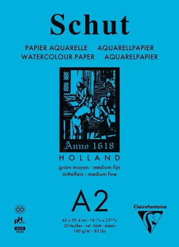 Clairefontaine Schut Aquarellblock A2, 20 Blatt 250g - Hochwertiger Aquarellblock für kreative Künstler, ideal für feuchte Techniken mit mittelfeiner Körnung und stabilem 250g Papier.