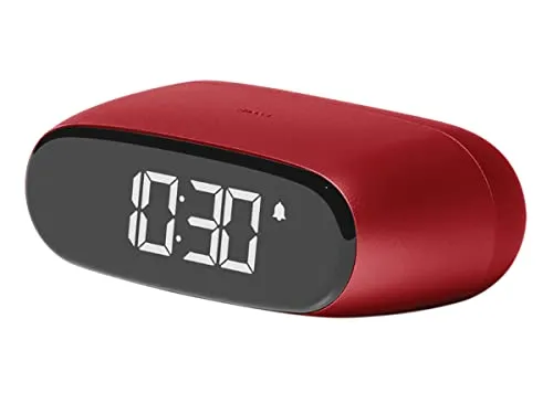 Lexon Minu Mini-Wecker, kompakt, mit VA-LCD-Display, Touchscreen-Bedienung, Snooze-Funktion und Hintergrundbeleuchtung, wiederaufladbarer Akku, Aluminium-Finish – Dunkelrot