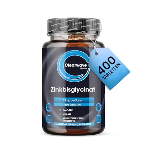 Hochdosierte Zink Tabletten 25mg | 400 vegane Tabletten | Vorrat für 13+ Monate | Hoch bioverfügbares Zink Bisglycinat für Männer und Frauen | Von Clearwave Health