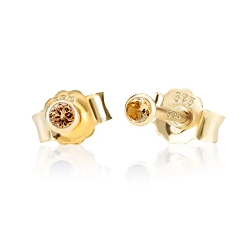NKlaus 14 Karat Gelbgold Ohrstecker mit Zirkonia - Elegante 2,5mm Ohrstecker aus 585 Gelbgold mit funkelndem Champagne Zirkonia, ideal für Damen und Mädchen, perfekt für besondere Anlässe.