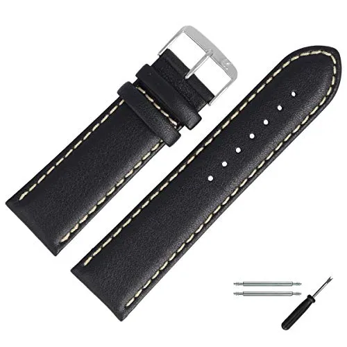 MARBURGER Uhrenarmband 26mm Leder Schwarz Silber Glatt Mit Naht - Montage Set 8062610000120