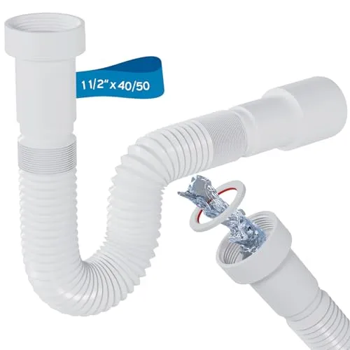 kör4u Flexibler Ablaufschlauch/Siphon 1 1/2 Zoll ×40/50, Kunststoffmutter 6/4 Zoll, verstellbare Länge 390-840 mm, Polypropylen, für Abwassersysteme
