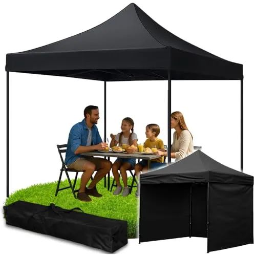 ZOLTA Pavillon 3x3m Schwarz Wasserdicht UV-Schutz Schnellaufbau Gartenpavillon mit 3 Seitenwänden Tragetasche Stahlgestell höhenverstellbar Oxford 420D für Markt Event Garten Camping Outdoor