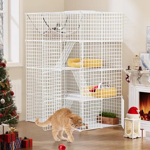 YITAHOME Großer Katzenkäfig für den Innenbereich, 4-stöckige Katzenhütte aus Metalldraht mit 3 Leitern, DIY-Katzenlaufstall Catio mit Hängematte, Tierkäfige für 1–3 Katzen, Hase, Weiß, 107x72x142 cm