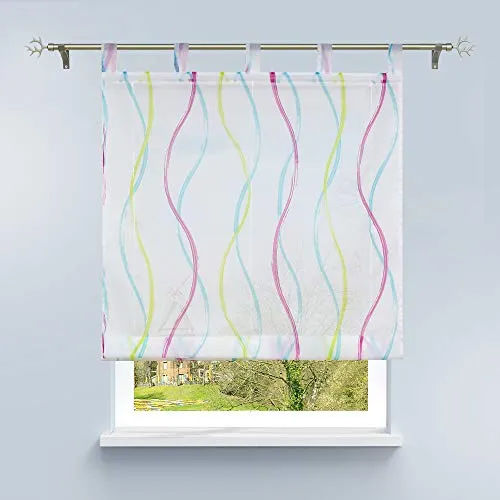 HongYa Raffrollo mit Schlaufen Transparentes Bändchenrollo Voile Gardine Küche Kleinfenster Vorhang mit Wellen Druck H/B 150/120 cm Bunt Blau