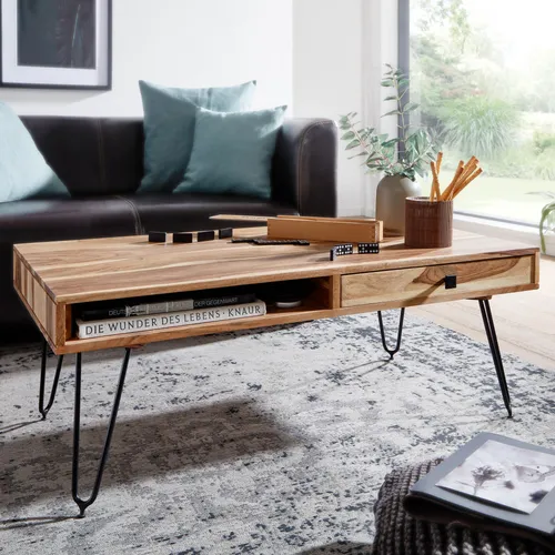 FineBuy Couchtisch HARLEM - Massiv-Holz 110 cm - Beistelltisch fürs Wohnzimmer aus massivem Holz mit 2 Schubfächern und stabilen Metallbeinen. Jedes Stück ist ein handgefertigtes Unikat mit einzigartiger Holzmaserung.