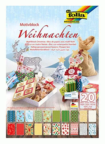 folia 47249 - Motivblock Weihnachten, 270 g/qm, ca. 24 x 34 cm, 20 Blatt sortiert in 20 verschiedenen Motiven - zum Basteln und kreativen Gestalten von Karten, Fensterbildern und für Scrapbooking
