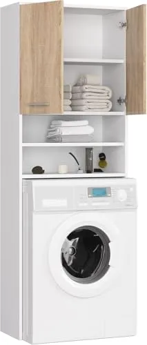 BDW Waschmaschinenschrank 180x64x30 cm, Badezimmer Hochschrank, Badezimmerschrank Hoch, Badezimmer Möbel, Bad Schrank Badezimmerschrank, Badregal, Waschmaschine, Weiß/Eiche Sonoma