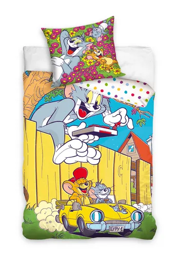 Tom & Jerry Wendebettwäsche Set 2-teilig - Bettwäschen Set aus 100% Baumwolle, atmungsaktiv und temperaturausgleichend. Mit buntem Tom & Jerry Design ideal für Kinder und Jugendliche.