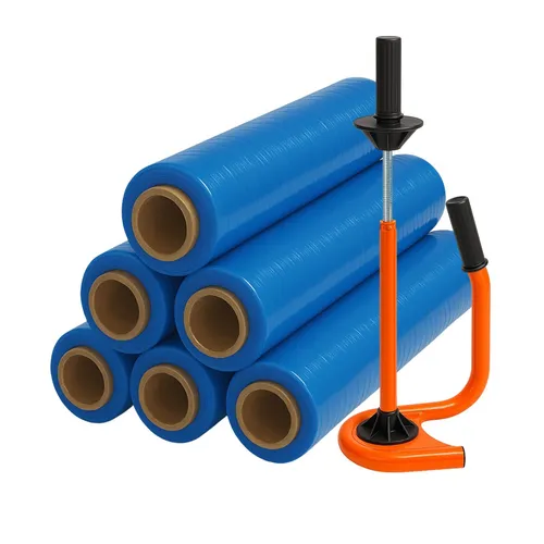 Profi Abroller Premium Orange + 6 Rollen 2,5 kg Stretchfolie 23 my (blau)