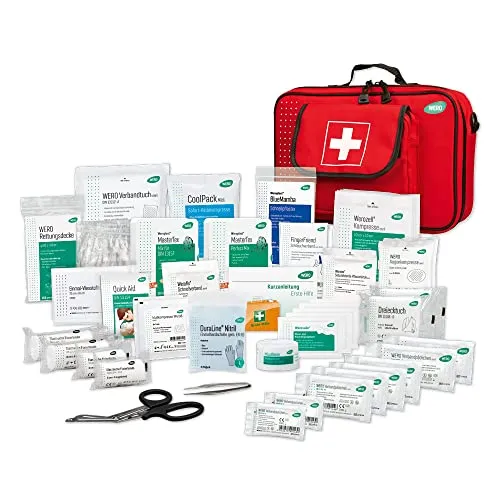 WERO Erste Hilfe Tasche DIN 13157 Allround - Praktisches First-Aid-Kit für Betriebe, Schulen und Veranstaltungen. Mit Netzfächern, zwei Seitenflügeln und Tragegriff für einfache Handhabung. Ideal für den Notfall, zuverlässig und gut organisiert.