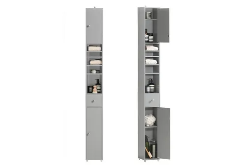 SoBuy Bad Hochschrank Schmal – Platzsparendes Badezimmermöbel mit verstellbaren Ablagen - Komplettprogramme für Badezimmer, ideal für enge Räume – wasserabweisendes MDF sorgt für optimalen Schutz vor Feuchtigkeit.