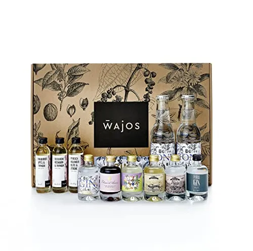WAJOS Gin Tasting 1 - Online Tasting mit Gin Probierset - Gin Tasting Set für 2 Personen mit 5 Gins, 3 Tonic Sirups und 2 Tonic Water. Perfekte Geschenkidee für Gin-Liebhaber, ideal für ein unterhaltsames Erlebnis zu Hause.