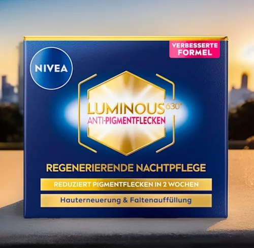NIVEA Nachtcreme Luminous Anti Pigmentflecken, 50 ml - Anti-Faltencreme mit Glykolsäure und Hyaluronsäure, ideal für alle Hauttypen. Regeneriert die Haut über Nacht und reduziert Altersflecken für ein strahlendes Hautbild.