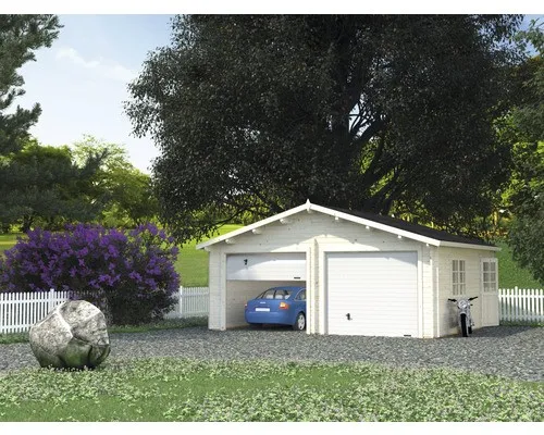 Doppelgarage Palmako Roger 28,4 m² mit Sektionaltoren - Hochwertige Holzgarage mit Satteldach, ideal für Fahrzeuge und zusätzlichen Stauraum, robust und langlebig.
