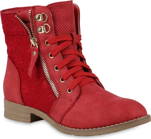 Mytrendshoe Damen Schnürstiefeletten Spitze Stiefeletten Zipper 815442 Worker Boot, Farbe: Rot, Größe: 40