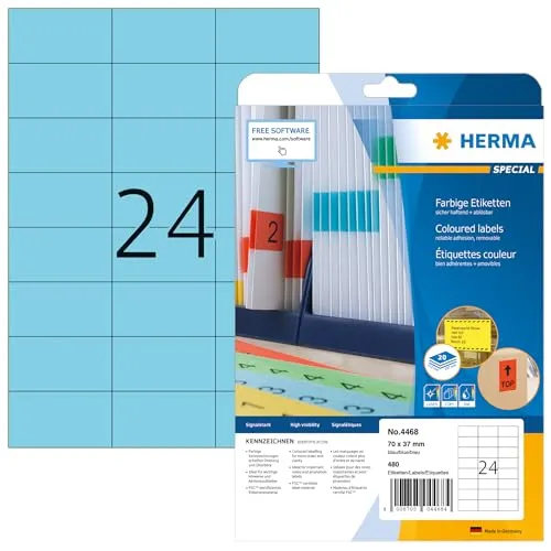 HERMA 4468 Farbige Etiketten blau ablösbar, 640 Blatt, 70 x 37 mm, 24 pro A4 Bogen, 15360 Stück, selbstklebend, bedruckbar, matt, blanko Papier Farbetiketten Aufkleber