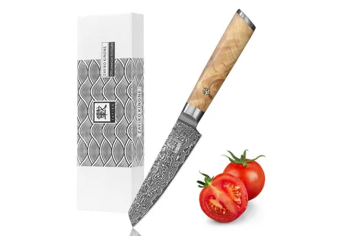 ZAYIKO Obstmesser Kinone Damast Mukimono Küchenmesser 10 cm Klinge Wurzelholzgriff, schwarzer Damaststahl, VG10-Kern