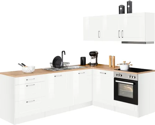 KOCHSTATION Winkelküche KS-Tinnum mit E-Geräten - Küchenzeilen mit trendstarkem Design und Hochglanzfronten, modular erweiterbar und ausgestattet mit Herd, Geschirrspüler und Dunstabzugshaube.