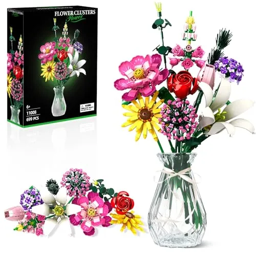 Rongmeiz Blumenstrauß Baukasten, Blumenstrauß-Bausatz-Set, 721 Teile Ewiger Strauß mit Pfingstrose, Rose, Sonnenblume, Lilie, DIY Deko & Geschenk zum Muttertag/Valentinstag, Bausteine ab 6 Jahren