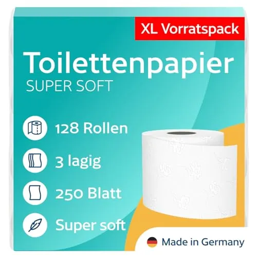 Rollen Toilettenpapier 3-lagig – 250 Blatt pro Rolle – 100% Zellstoff – 16 x 8 Stück - Hochwertiges 3-lagiges Toilettenpapier, hergestellt in Deutschland. Ideal für Gewerbe und Gastronomie. Weich und sanft für maximalen Komfort, perfekt für anspruchsvolle Gäste. Sparen Sie mit diesem praktischen 128-Rollen-Paket.