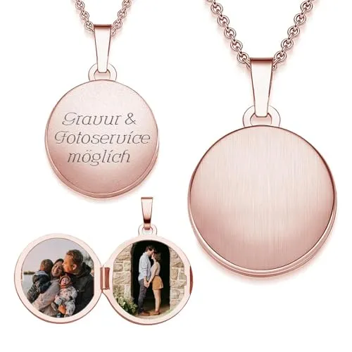 Elegantes Medaillon Rund zum Öffnen in Rosegold vergoldet - Ketten für Damen: Elegantes, personalisierbares Medaillon aus 925 Sterling Silber, mit Platz für 2 Fotos und individueller Gravur – das perfekte Geschenk zur Erinnerung.