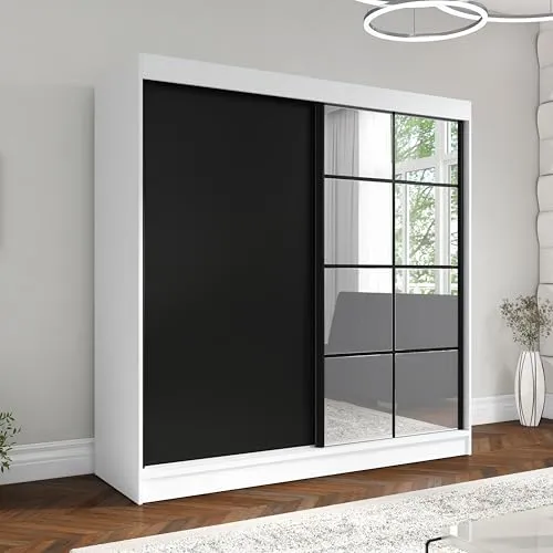 A&J MöbelLand Schwebetürenschrank TAVIRO Kleiderschrank 2-türig mit Schubladen und Spiegel, Garderobe 200 cm (Weiß/Schwarz)