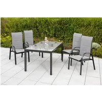 Merxx Marini Set 5-tlg. Gartentisch 150 x 90 cm - Gartenmöbel-Set mit 4 verstellbaren Sesseln und einem eleganten Tisch (150 x 90 cm). Ideal für entspannte Stunden im Freien, robustes Aluminiumgestell und Sicherheitsglas-Tischplatte bieten Langlebigkeit und Stil.