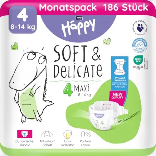 bella baby Happy Premium Windeln Größe 4 Maxi 8-14 kg 186 Stück, DERMATEST & OEKO TEX Siegel, Babywindeln Einweg
