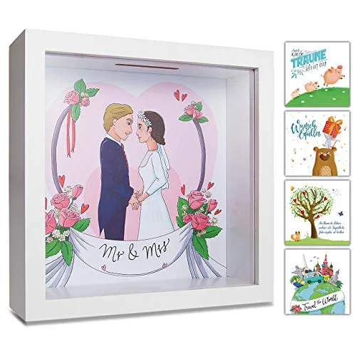 GLÜCKSWOLKE - Spardose Mr & Mrs I Hochzeit Motiv I 3D Bilderrahmen befüllen I Geldgeschenke Verpackung für JGA, Brautpaar, Hochzeitsgeschenk I Sparschwein Deko I Sparbüchse Hochzeitskasse Geschenk