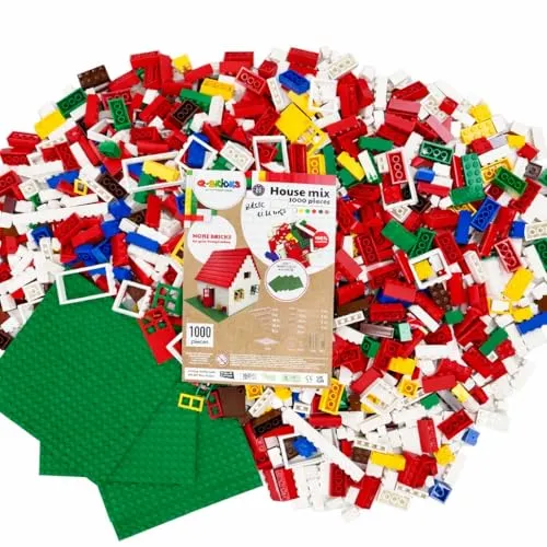 Q-Bricks Kreativ-Bauset mit klassischen Bausteinen | 1000-teiliges Set | 19 Formen umfassen Türen, Fenster, Dachsteine und Grundplatten | 8 Farben | Hausmischung in Basis Farben