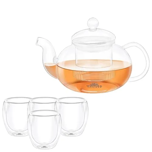 Wilmax Teekanne 1,2L mit 4 Thermogläsern im Set - Teekocher mit Siebeinsatz für losen Tee, hitzebeständig und spülmaschinenfest. Ideal für Teeblumen und sorgt für klaren Tee ohne Teesatz.