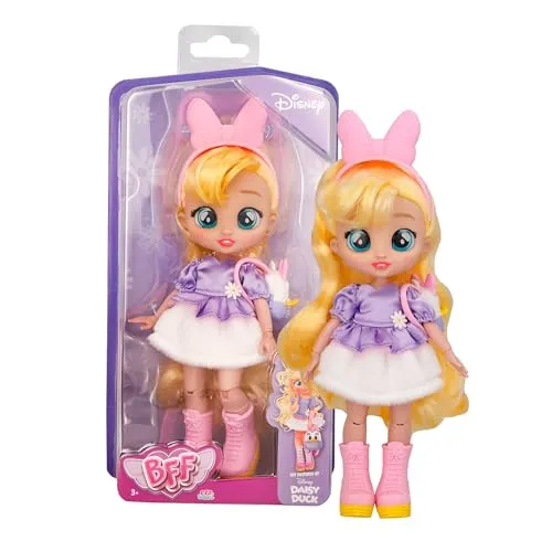 BFF Best Friends Forever Disney Daisy Puppe - Puppe inspiriert von Daisy Duck mit 4 Accessoires, 20 cm langem Haar und 6 Gelenkpunkten. Fördert spielerisches Lernen und die Entwicklung der Feinmotorik.