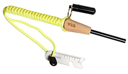WIKA Feuerstahl, Feuerstarter mit wasserdichter Zunderdose aus Aluminium, Holzgriff und fluoreszierendem Paracordband, spezielle Magnesiumlegierung für maximale Effektivität, Funktion auch bei Nässe