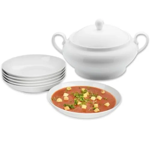 SÄNGER | Suppenteller und Suppenterrine New Port 7 tlg, Suppenschüssel und Suppenschalen 6 Personen, Suppenterrine Porzellan mit Deckel inkl. Tiefe Teller Spülmaschinenfest Weiß | PREMIUM COLLECTION