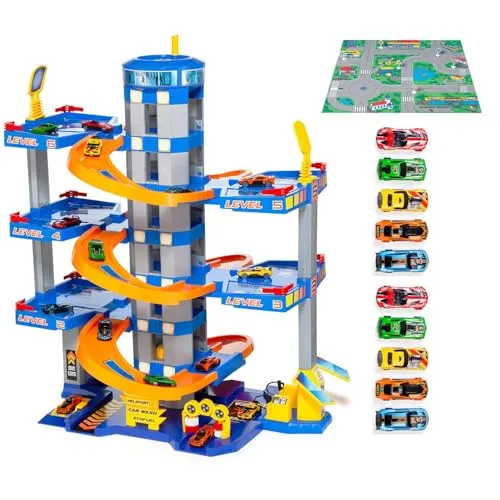 MOLTO Spielzeugparkplatz, 6 Pflanzen, blau, mit 10 Autos und Spielteppich – Kindergarage mit Rampen, Aufzug und interaktiven Elementen – Fantasie- und Motorikspiel für Kinder ab 3 Jahren