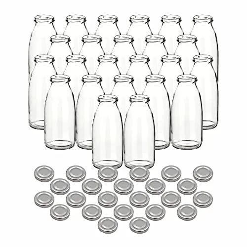gouveo 24er Set Glas-Saftflaschen 250 ml (0,25 l) Saftflasche 250 ml rund mit Schraubdeckel TO 43 silberfarben, leere Klarglasflaschen zum Abfüllen, Aufbewahren & Servieren (SF250S)