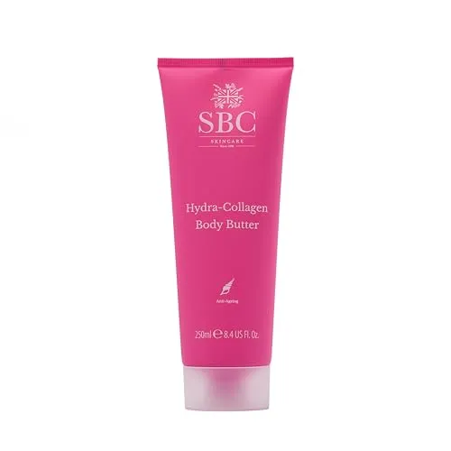SBC Skincare Hydra Collagen Körperbutter 250ml - Bodycreme mit Hydrolysiertem Kollagen für straffere Haut, angereichert mit Shea Butter und Aloe Vera für intensive Feuchtigkeit und Beruhigung. Ideal für trockene Haut, zieht schnell ein und hinterlässt kein fettiges Gefühl.