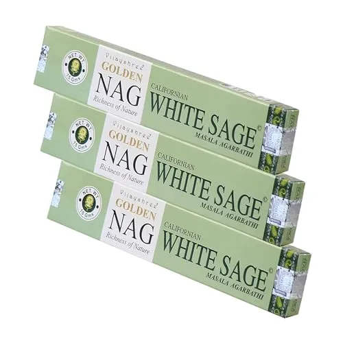 NKlaus 3X Golden Nag White Sage Räucherstäbchen 45g – Handgerolltes Räucherwerk mit klarem Salbeiduft – Masala Qualität für energetische Reinigung und Meditation