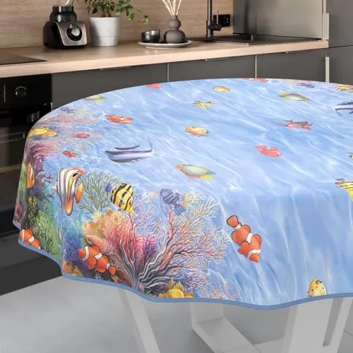 Wachstuch-Tischdecke Tischdecke abwaschbar Wachstuch Garten-Tischdecke Outdoor Indoor Rund 140cm mit Saum Aquarium