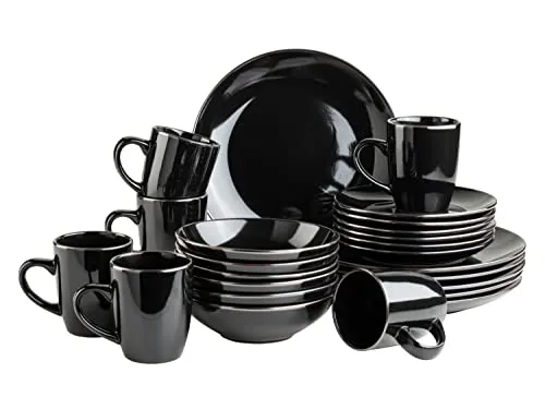 Elegantes Geschirr Set für 6 Personen mit messingfarbenem Rand - 24-teiliges Kombiservice in glänzendem Schwarz, spülmaschinen- und mikrowellengeeignet, ideal für festliche Anlässe und den täglichen Gebrauch. Hochwertiges Steinzeug für einen stilvollen Esstisch.