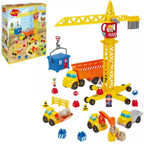 Abrick Großes Baustellenset mit Kran (Gelb-Orange) - Konstruktionsspielzeug mit 5 Baustellen-Fahrzeugen, fördert kreatives Spielen und Motorik – ideal für kleine Bauarbeiter ab 3 Jahren, Made in Frankreich.
